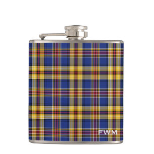 Murtaugh Tartan Monogram Blue and Yellow Plaid Hip Flask