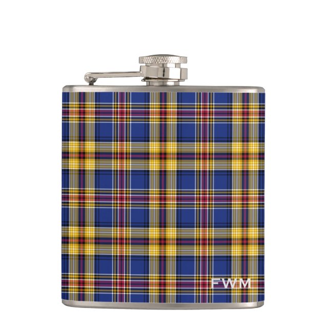 Murtaugh Tartan Monogram Blue and Yellow Plaid Hip Flask (Front)