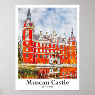 Muscau Castle Germany Travel Watercolor Hand Drawn Poster