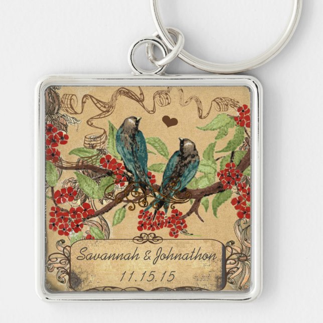 Muscial Vintage Birds Red Blooms Key Chain (Front)