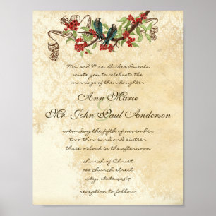 Muscial Vintage Teal Bird Red Bloom Wedding Invite Poster