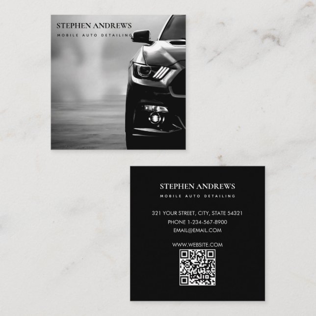 Muscle Auto Detailing Car Cleaning Repair QR Code Square Business Card (Front/Back)