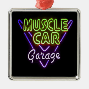 Muscle Car Garage Neon Sign Blue Green Metal Ornament