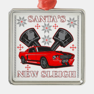 Muscle Car Santa's New Sleigh Ugly Holiday Sweater Metal Ornament