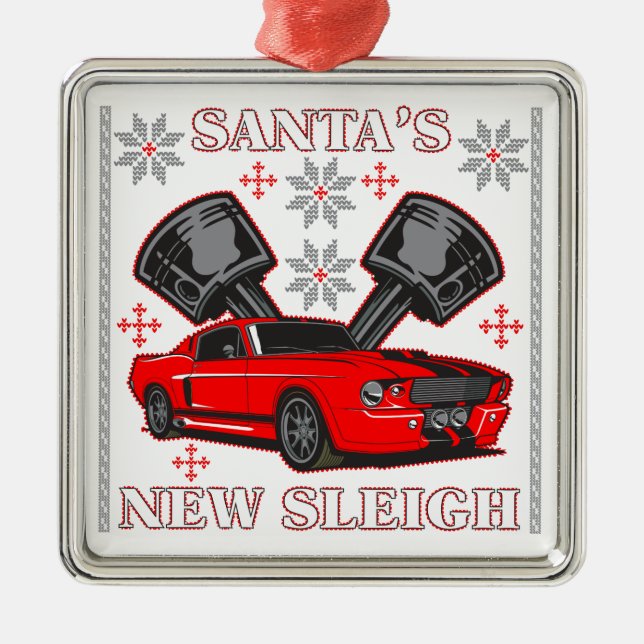 Muscle Car Santa's New Sleigh Ugly Holiday Sweater Metal Ornament (Front)