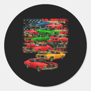 Muscle classic car guy american flag father's day round sticker