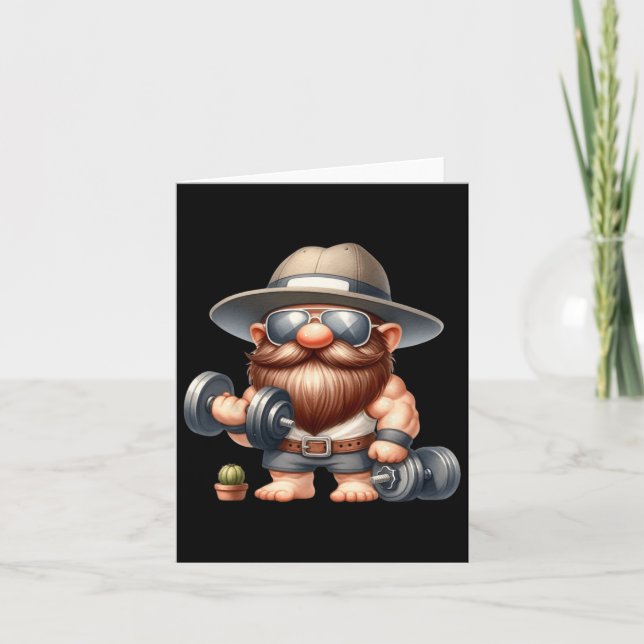 Muscleman Gnome With Dumbbells Funny Fitness Worki Card (Front)