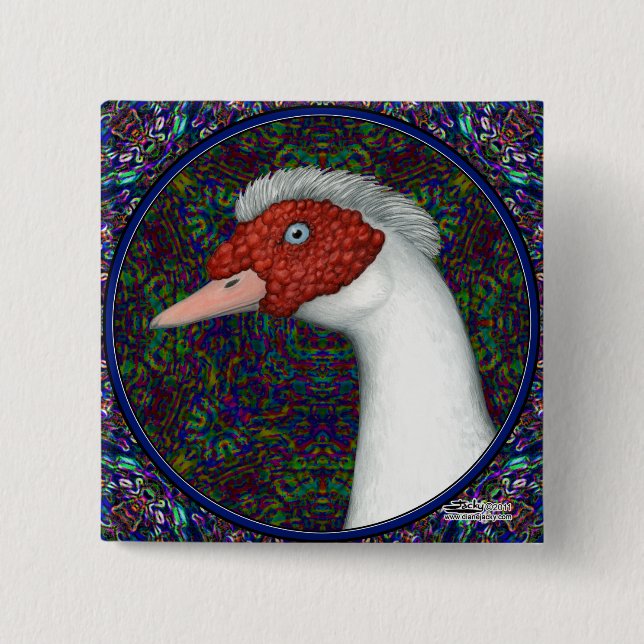 Muscovy Duck Head White 2 Inch Square Button (Front)