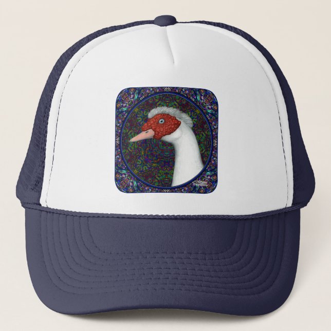 Muscovy Duck Head White Trucker Hat (Front)