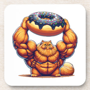 Muscular Cat Lifting Doughnut Coaster