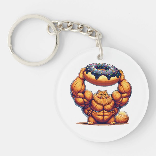 Muscular Cat Lifting Doughnut Keychain (Front)