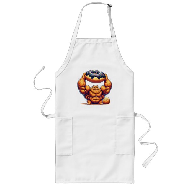 Muscular Cat Lifting Doughnut Long Apron (Front)