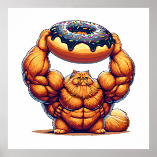 Muscular Cat Lifting Doughnut Poster