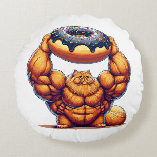 Muscular Cat Lifting Doughnut Round Pillow