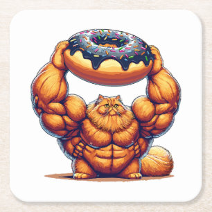 Muscular Cat Lifting Doughnut Square Paper Coaster