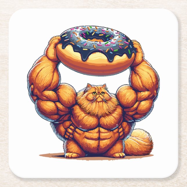 Muscular Cat Lifting Doughnut Square Paper Coaster (Front)