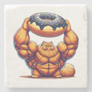 Muscular Cat Lifting Doughnut Stone Coaster