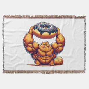 Muscular Cat Lifting Doughnut Throw Blanket