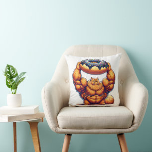 Muscular Cat Lifting Doughnut Throw Pillow