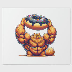 Muscular Cat Lifting Doughnut Wrapping Paper