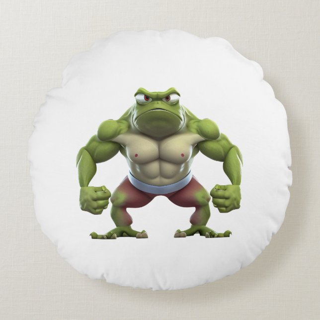 Muscular Frog, Strong Muscular Bodybuilding Frog Round Pillow (Front)