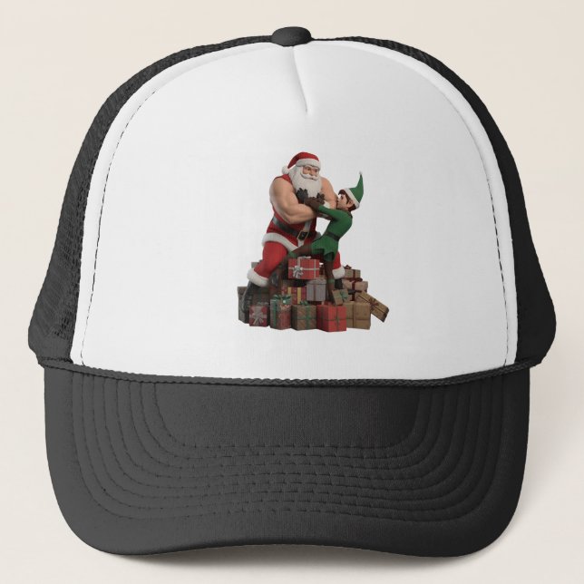 Muscular Santa Arm-Wrestling an Elf – Funny Hat (Front)