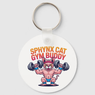 Muscular Sphynx Cat Gym Buddy Cartoon Keychain
