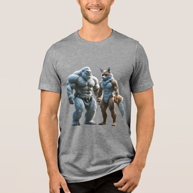Muscular yeti and fox standing side by side Tri-Blend shirt (Front)