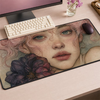 Muse rêveuse aux cheveux roses avec un dahlia viol
