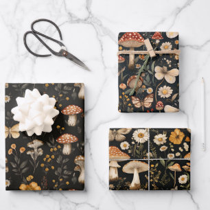 Mushroom and Flowers Cottagecore Pattern Wrapping Paper Sheet