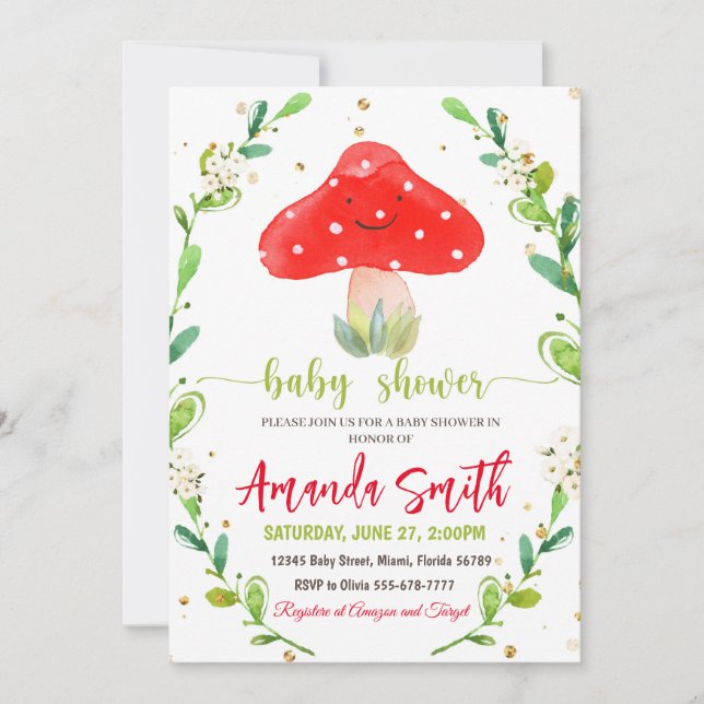 Mushroom Baby Shower invitations, Mushroom invites (Front)