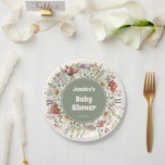 Mushroom Baby Shower  Paper Plate<br><div class="desc">Mushroom Baby Shower paper plates featuring whimsical watercolor toadstool mushrooms, wildflowers, lavender, and leafy greenery with an earthy sage center. Cute table wear and party decorations for a forest mushrooms themed baby shower, perfect for a Whimsical, cute, Earthy Baby Shower aesthetic. Ideal for dessert tables, brunch spreads, snacks, and cake,...</div>