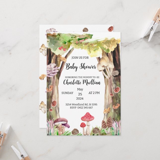 mushroom baby shower woodland forest whimsical invitation (Front/Back In Situ)