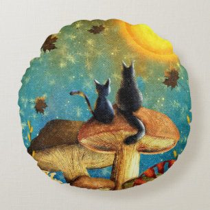 Mushroom Cats  Round Pillow