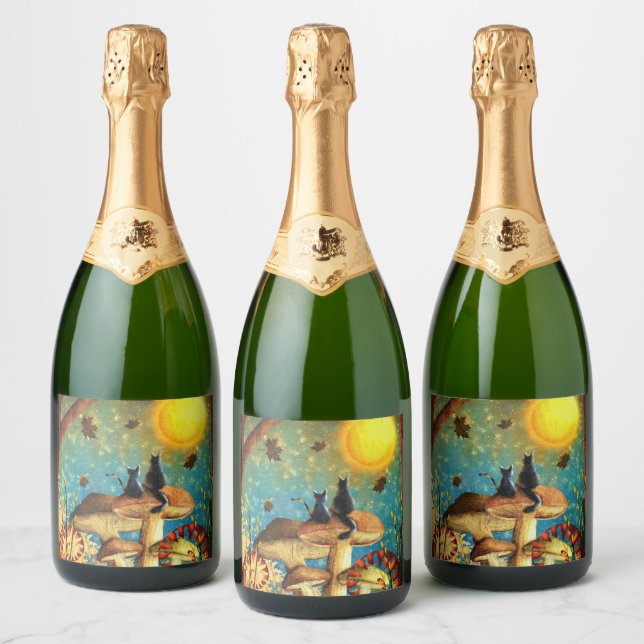 Mushroom Cats  Sparkling Wine Label (Bottles)