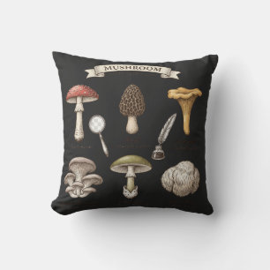 mushroom chart, vintage botanical, mycology shirt throw pillow