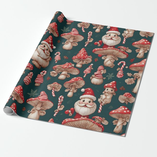 Mushroom Christmas Santa Wrapping Paper (Unrolled)