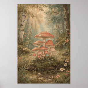 Mushroom Cluster in a Sunlit Birch Forest Poster