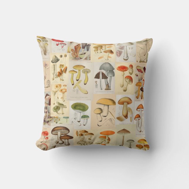 Mushroom Collage Vintage Illustration Botanical Throw Pillow (Front)
