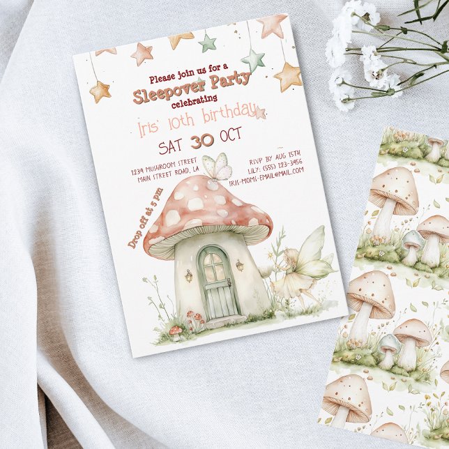 Mushroom fairy home, girly magic forest birthday invitation (Creator Uploaded)