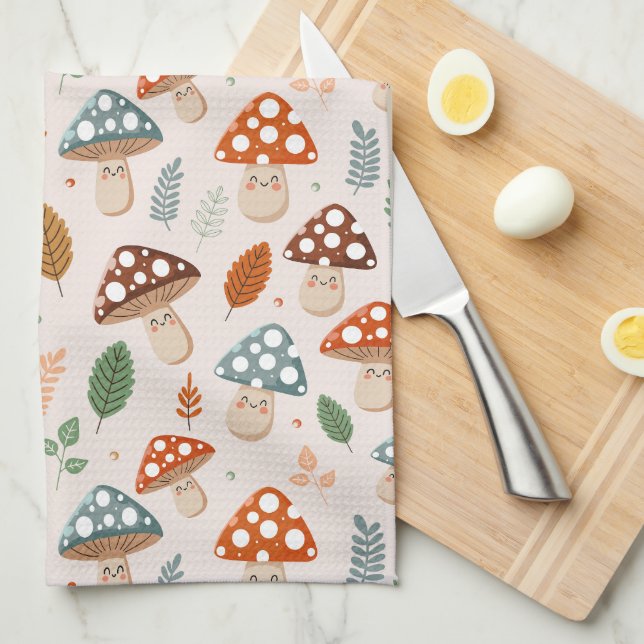 Mushroom, Fall foliage, Nature Patten  Kitchen Towel (Quarter Fold)