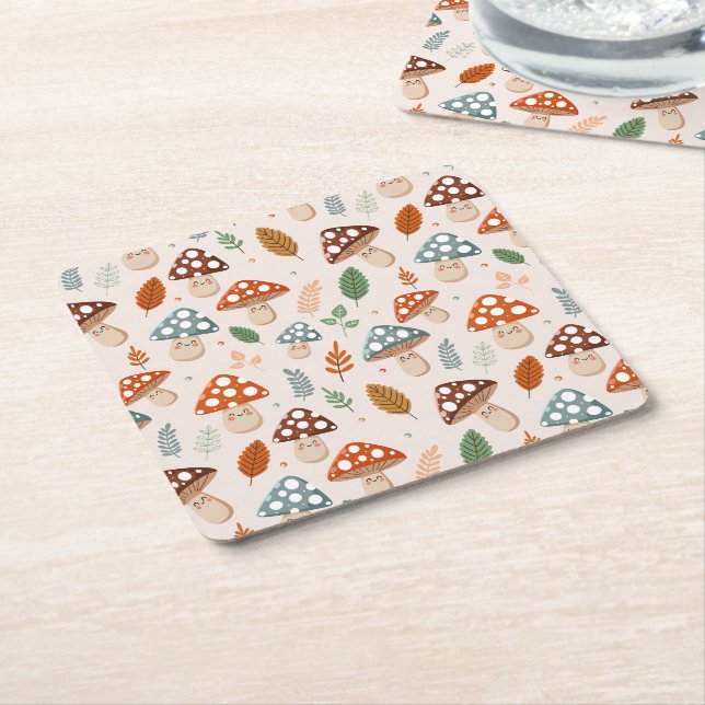 Mushroom, Fall foliage, Nature Patten  Square Paper Coaster (Angled)