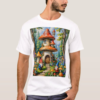 Mushroom Fantasy Gnome House Whimsical Art T-Shirt