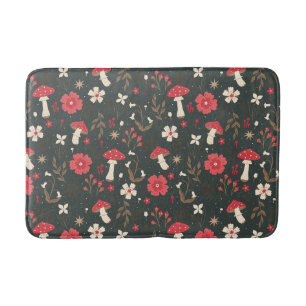 Mushroom floral dark botanical cottage bath mat