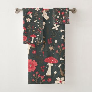 Mushroom floral dark botanical cottage bath towel set