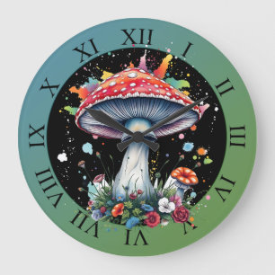 Mushroom Flowers Woodland Colourful Splash  Large Clock