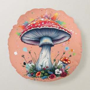 Mushroom Flowers Woodland Colourful Splash Round Pillow
