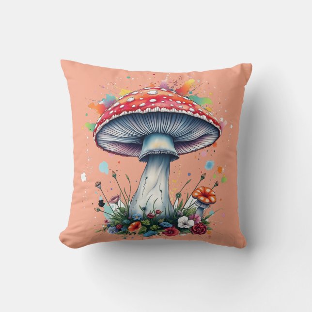 Mushroom Flowers Woodland Colourful Splash  Throw Pillow (Front)