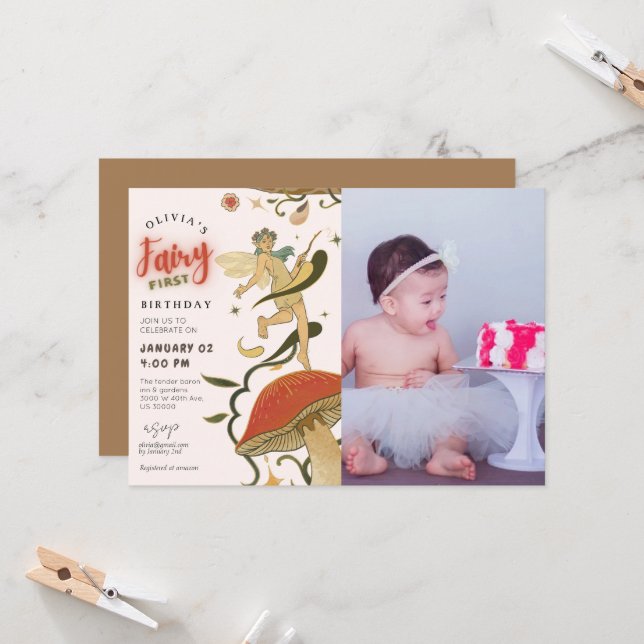  Mushroom Forest fairy girl photo 1st birthday  Invitation (Front/Back In Situ)