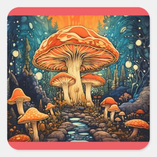 mushroom forest vivid colour square sticker